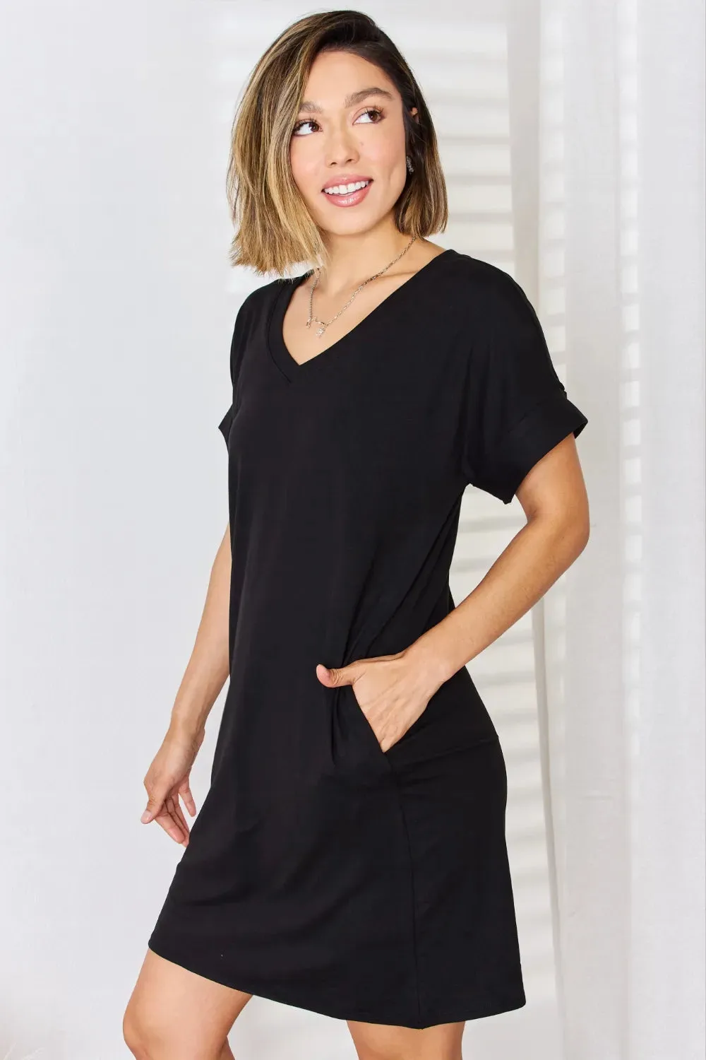 Zenana Full Size Rolled Short Sleeve V-Neck Dress sold by Gigi Laurent product image thumbnail 4