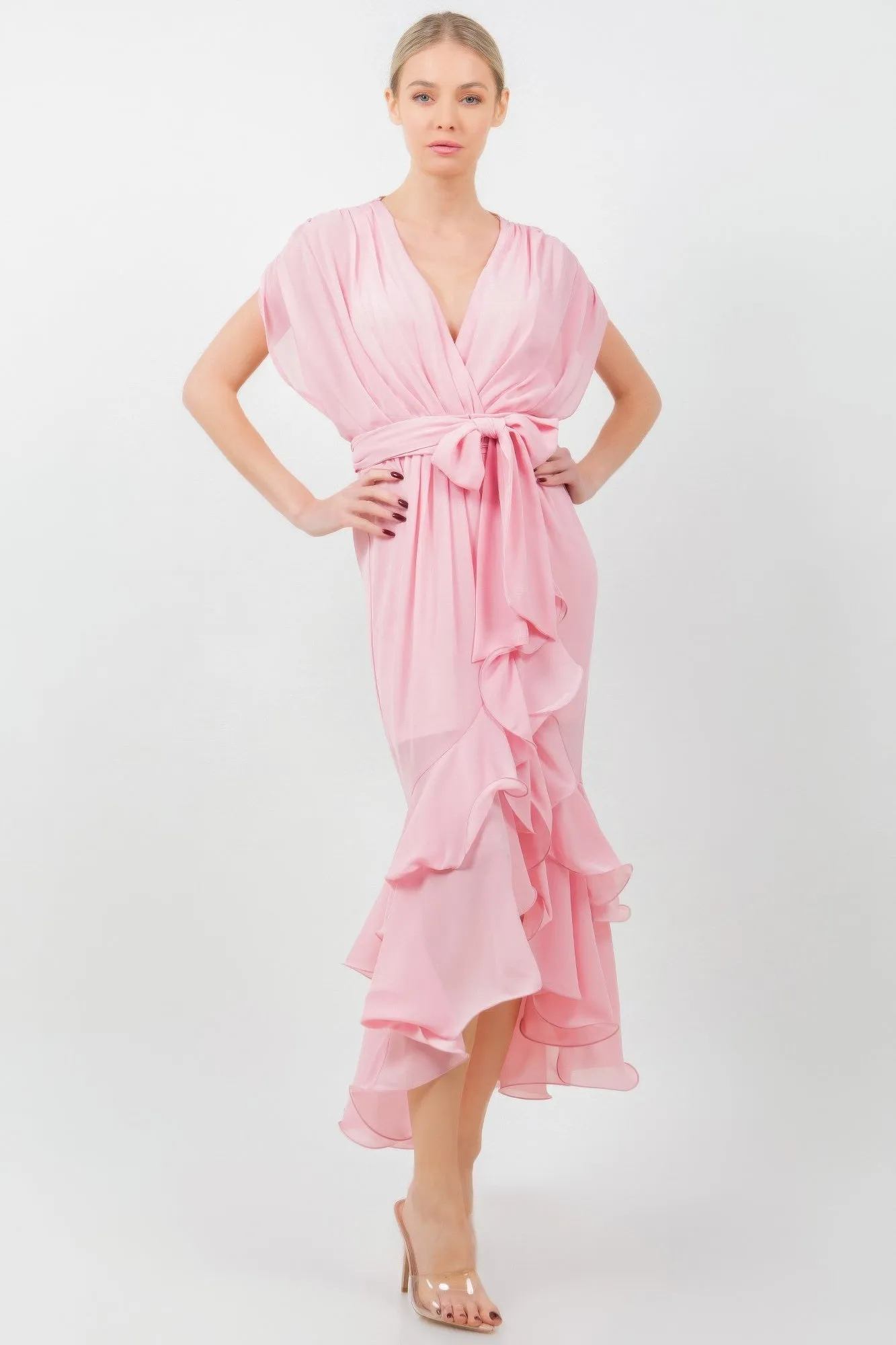 Solid Tie Waist Ruffle Midi Dress sold by Gigi Laurent product image thumbnail 3