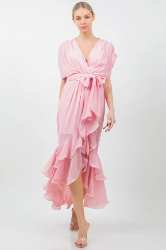 Solid Tie Waist Ruffle Midi Dress sold by Gigi Laurent
