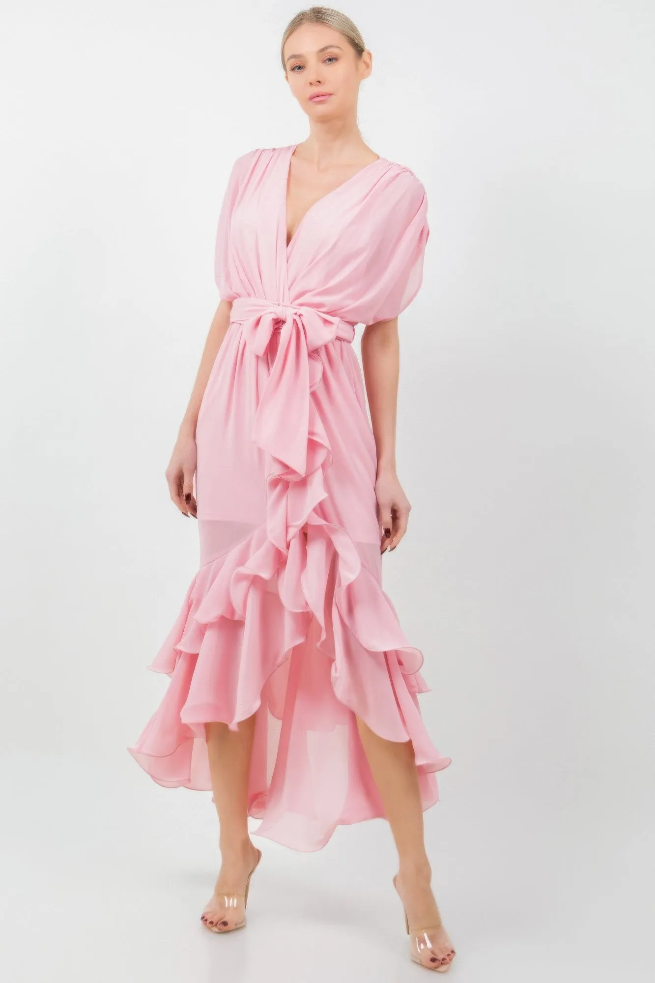 Solid Tie Waist Ruffle Midi Dress sold by Gigi Laurent product image thumbnail 2