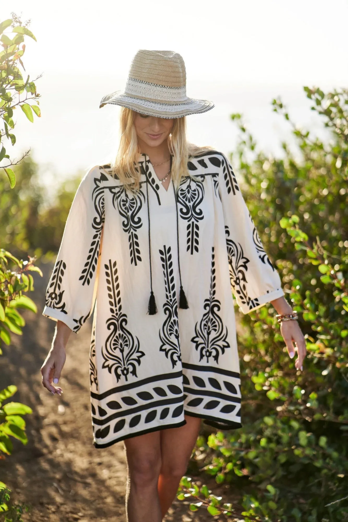 Printed 3/4 Sleeve Dress With Tassel Tie And Fringe Detail On Hem sold by Gigi Laurent product image thumbnail 2