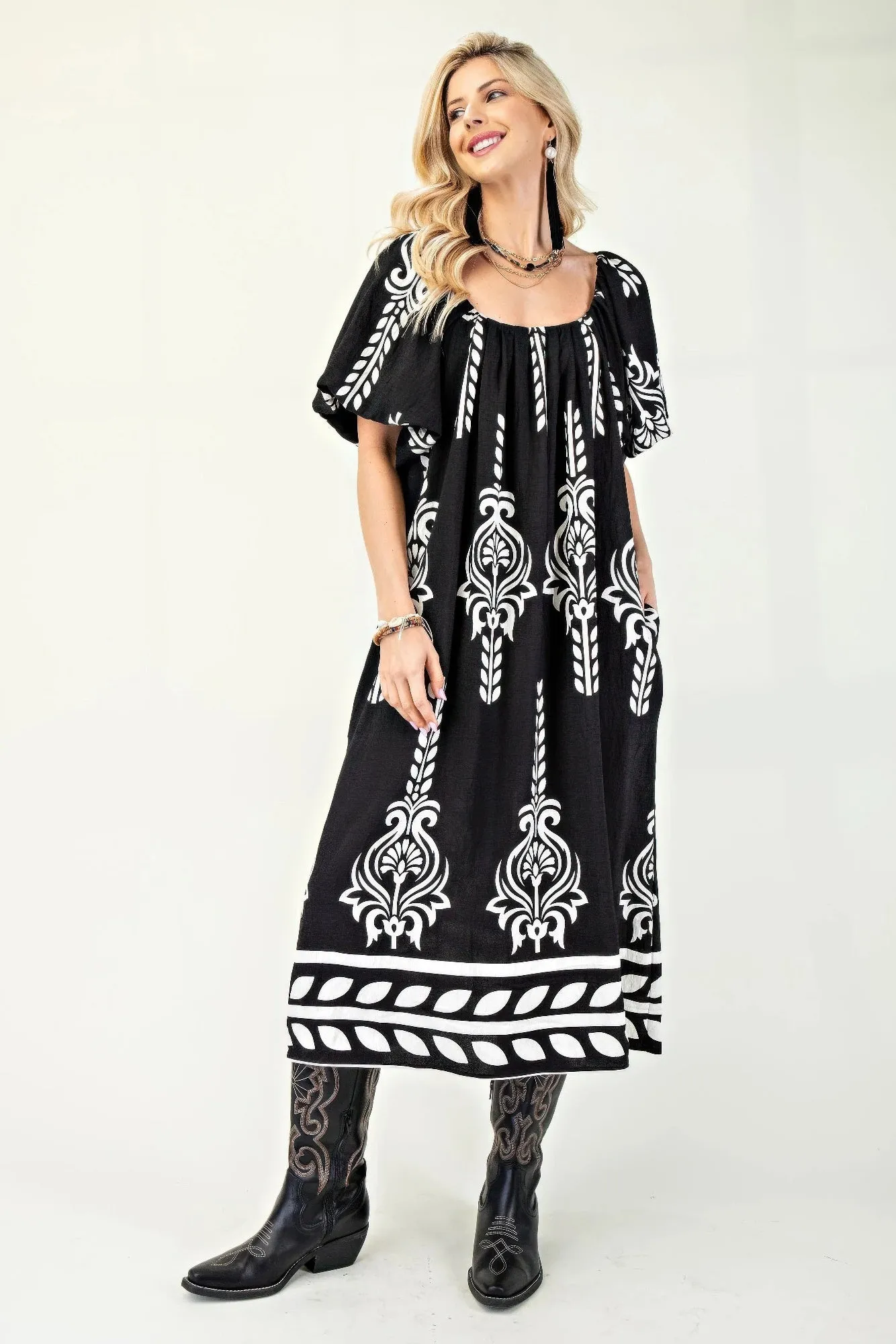 Printed Midi Dress With Short Puff Sleeves sold by Gigi Laurent