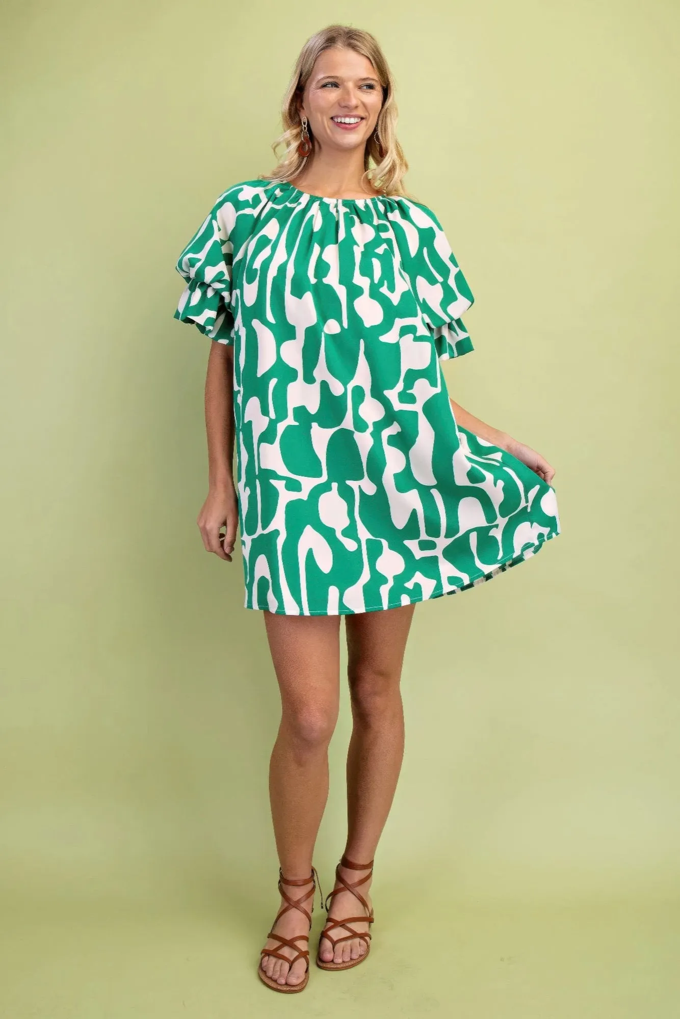 Geometric Print Loose Fit Mini Dress With Gathered Balloon Sleeves sold by Gigi Laurent product image thumbnail 2