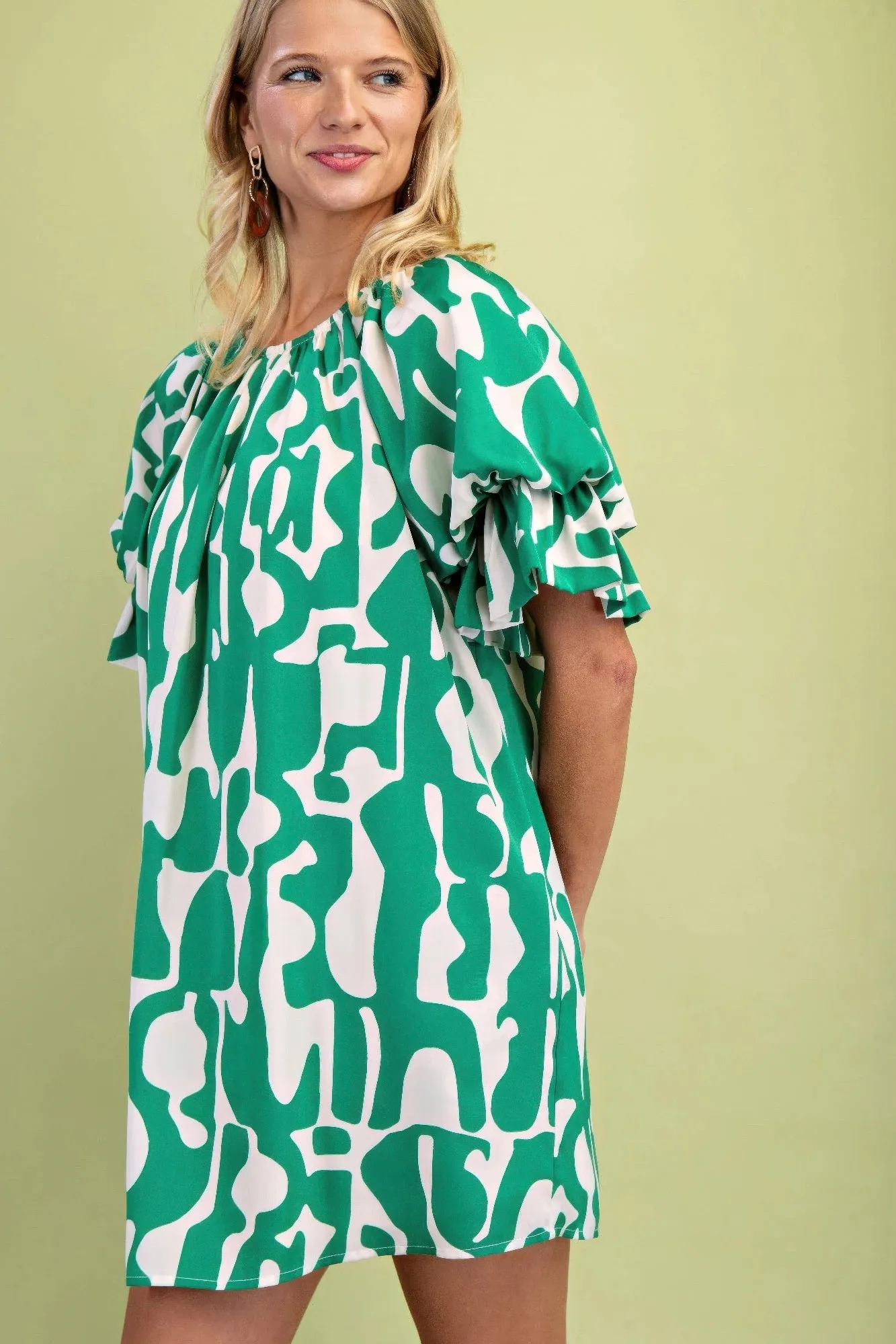 Geometric Print Loose Fit Mini Dress With Gathered Balloon Sleeves sold by Gigi Laurent product image thumbnail 3