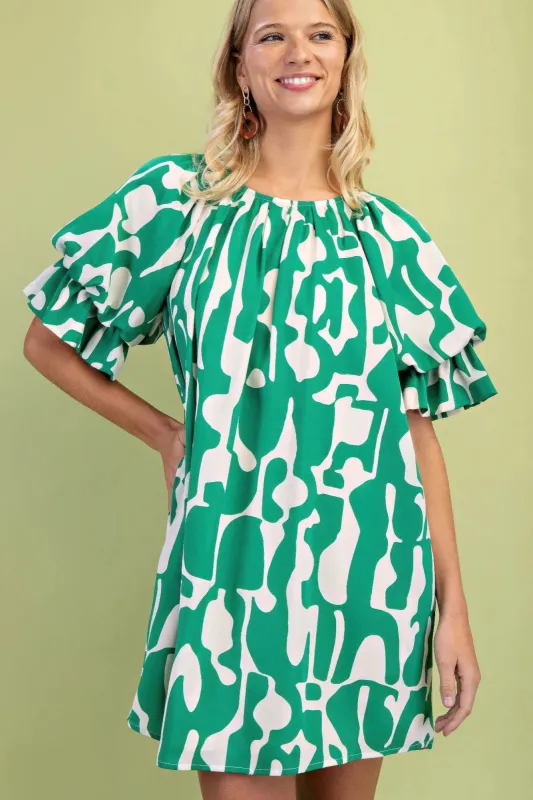 Geometric Print Loose Fit Mini Dress With Gathered Balloon Sleeves sold by Gigi Laurent