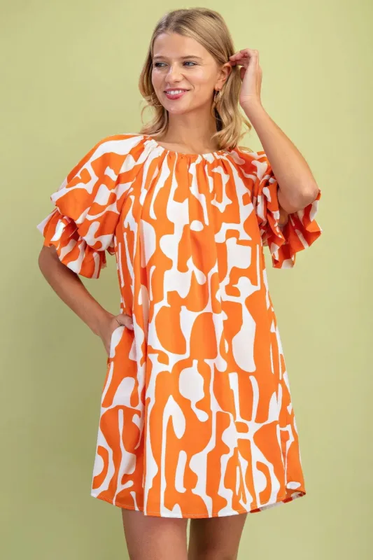Geometric Print Loose Fit Mini Dress With Gathered Balloon Sleeves sold by Gigi Laurent