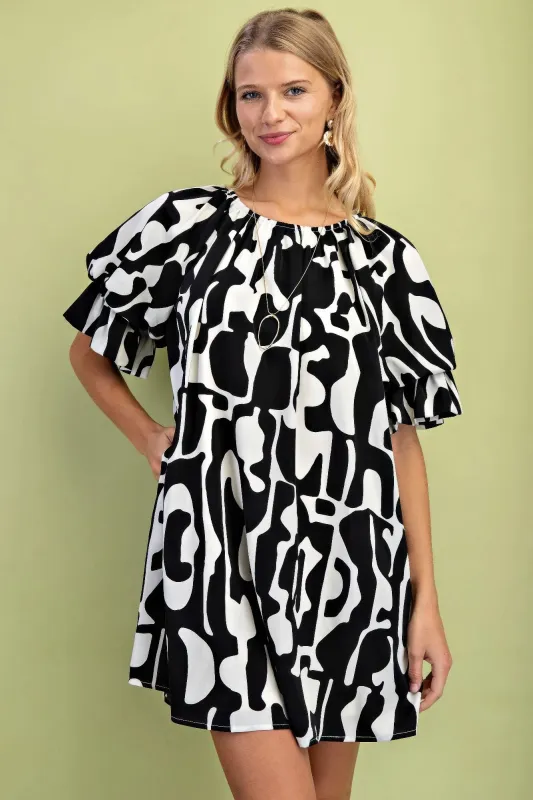 Geometric Print Loose Fit Mini Dress With Gathered Balloon Sleeves sold by Gigi Laurent