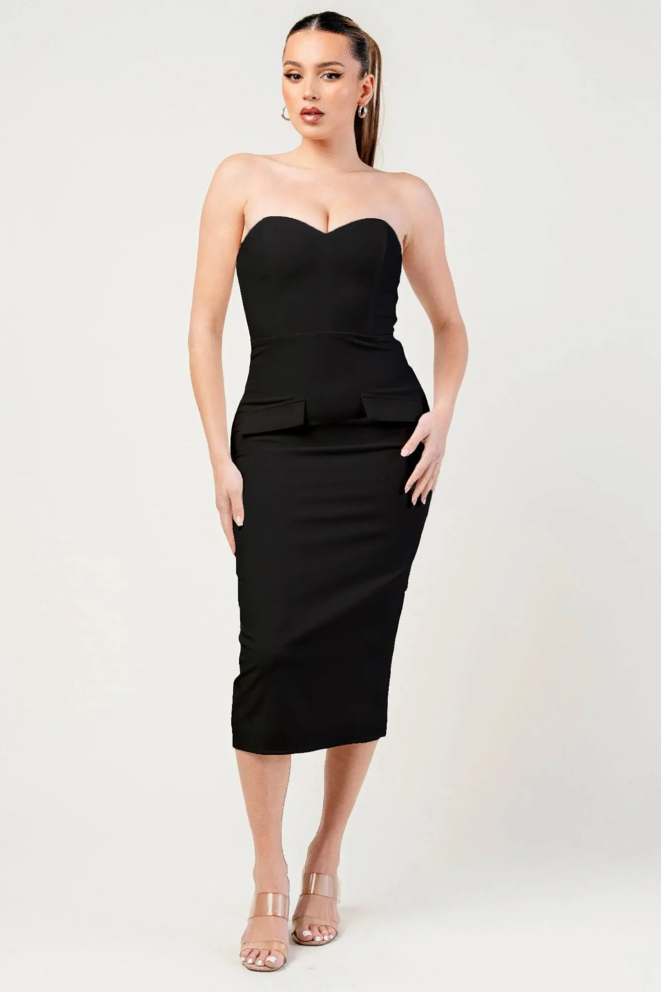 Thick Stretch Woven Sweetheart Neck Tube Midi Dress With Pocket Flap sold by Gigi Laurent