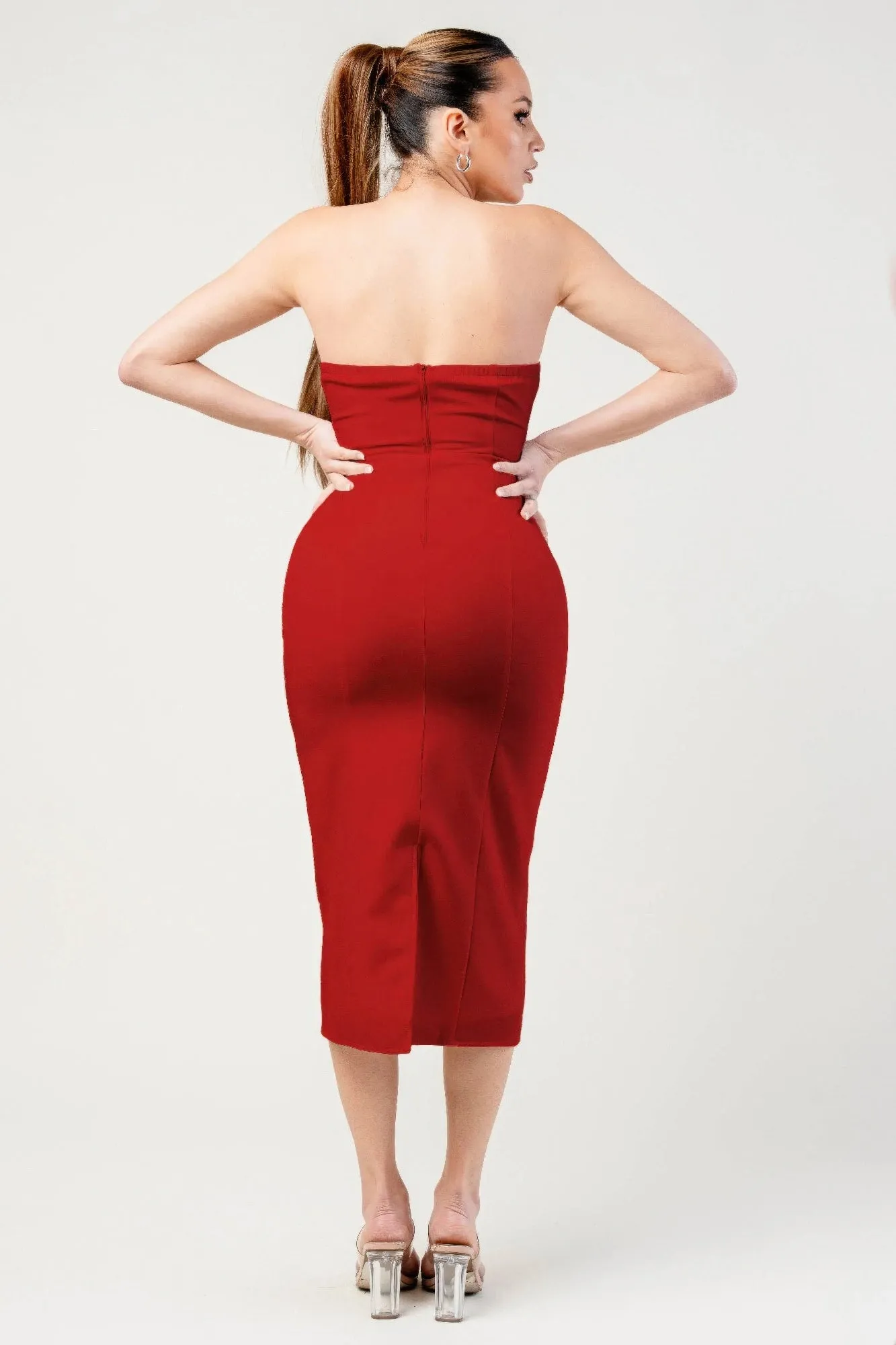 Thick Stretch Woven Sweetheart Neck Tube Midi Dress With Pocket Flap sold by Gigi Laurent product image thumbnail 2