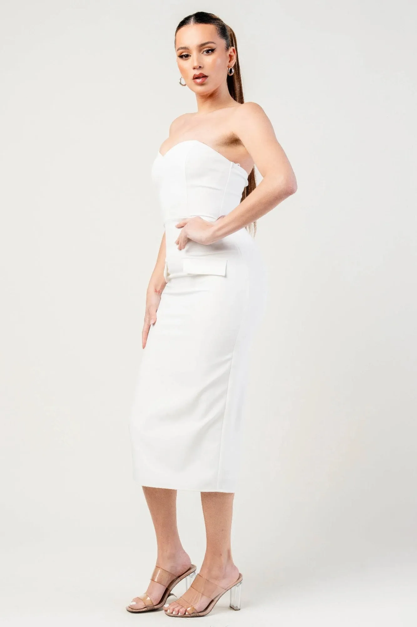Thick Stretch Woven Sweetheart Neck Tube Midi Dress With Pocket Flap sold by Gigi Laurent product image thumbnail 3