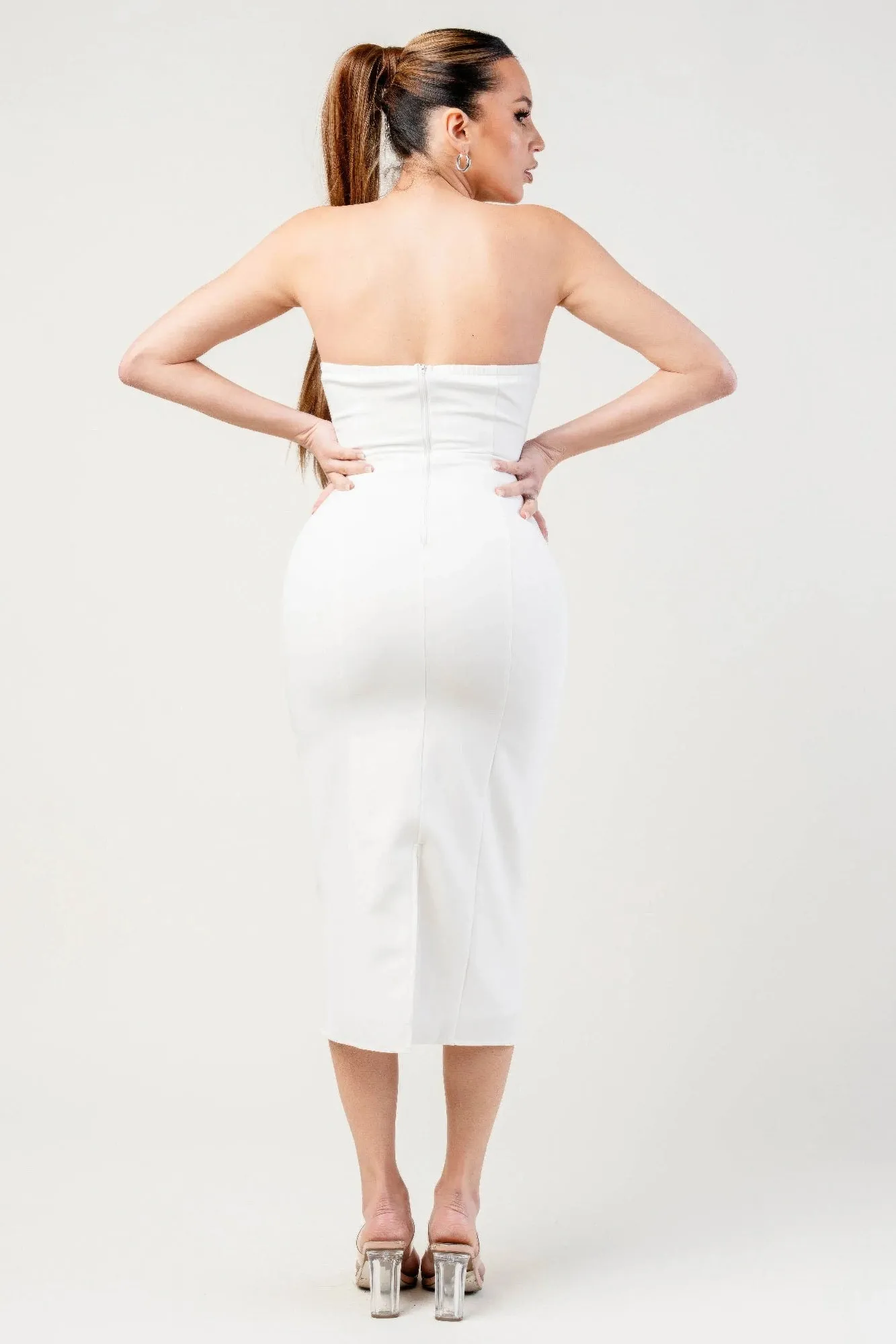 Thick Stretch Woven Sweetheart Neck Tube Midi Dress With Pocket Flap sold by Gigi Laurent product image thumbnail 5