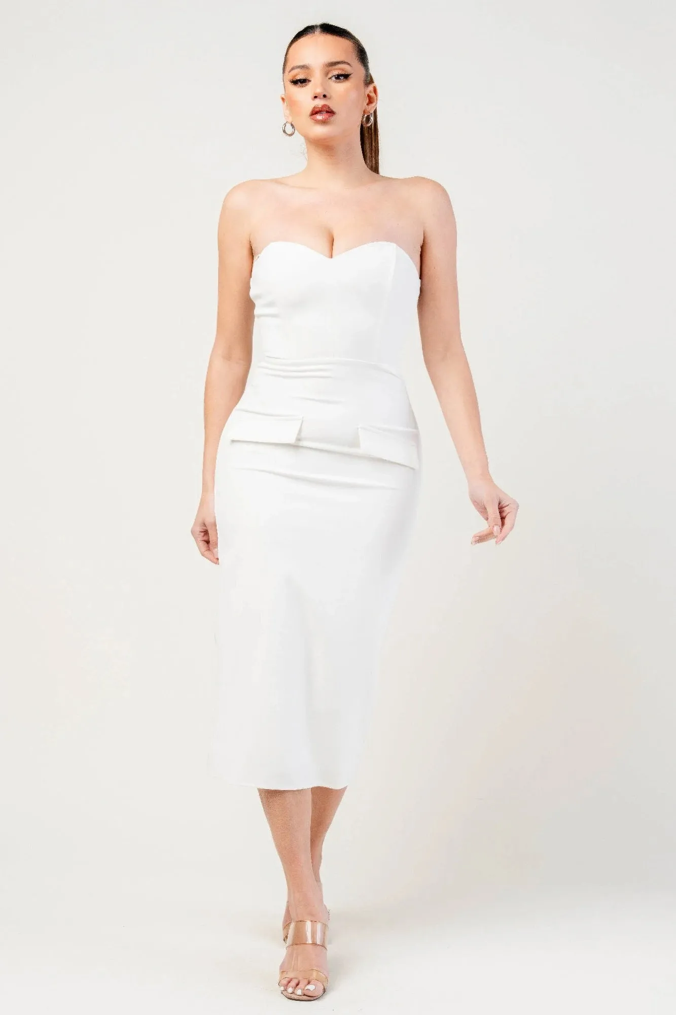 Thick Stretch Woven Sweetheart Neck Tube Midi Dress With Pocket Flap sold by Gigi Laurent