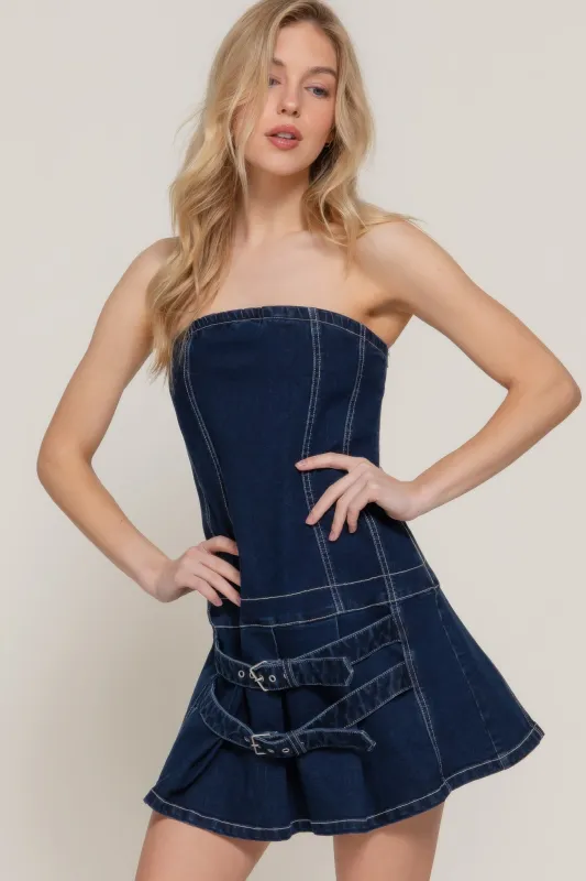Strapless Stretch Denim Mini Pleats Dress sold by Gigi Laurent