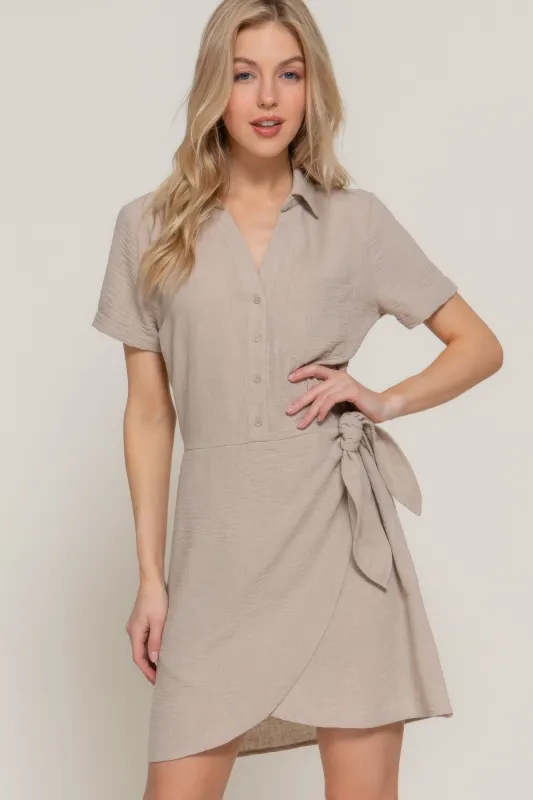 Button Down Side Bow Linen Effect Mini Dress sold by Gigi Laurent