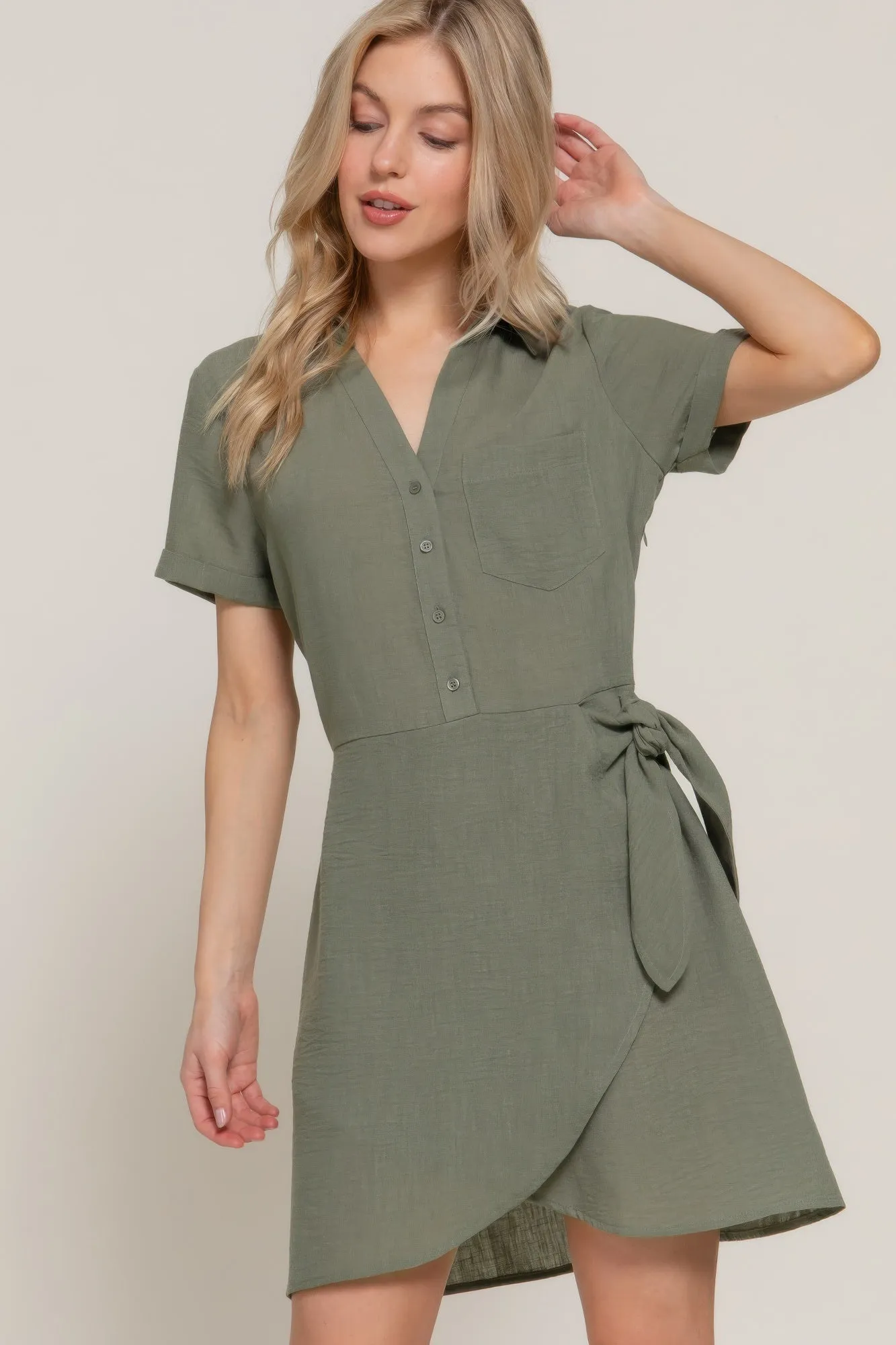Button Down Side Bow Linen Effect Mini Dress sold by Gigi Laurent