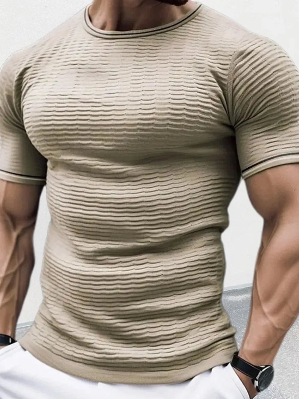 Men's Plus Size Texture Round Neck Contrast Trim T-Shirt sold by Gigi Laurent product image thumbnail 4