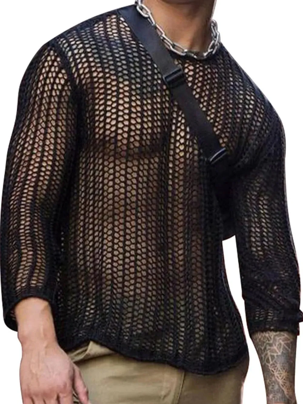 Men's Full Size Hollow Out Round Neck Long Sleeve Top Plus Size sold by Gigi Laurent