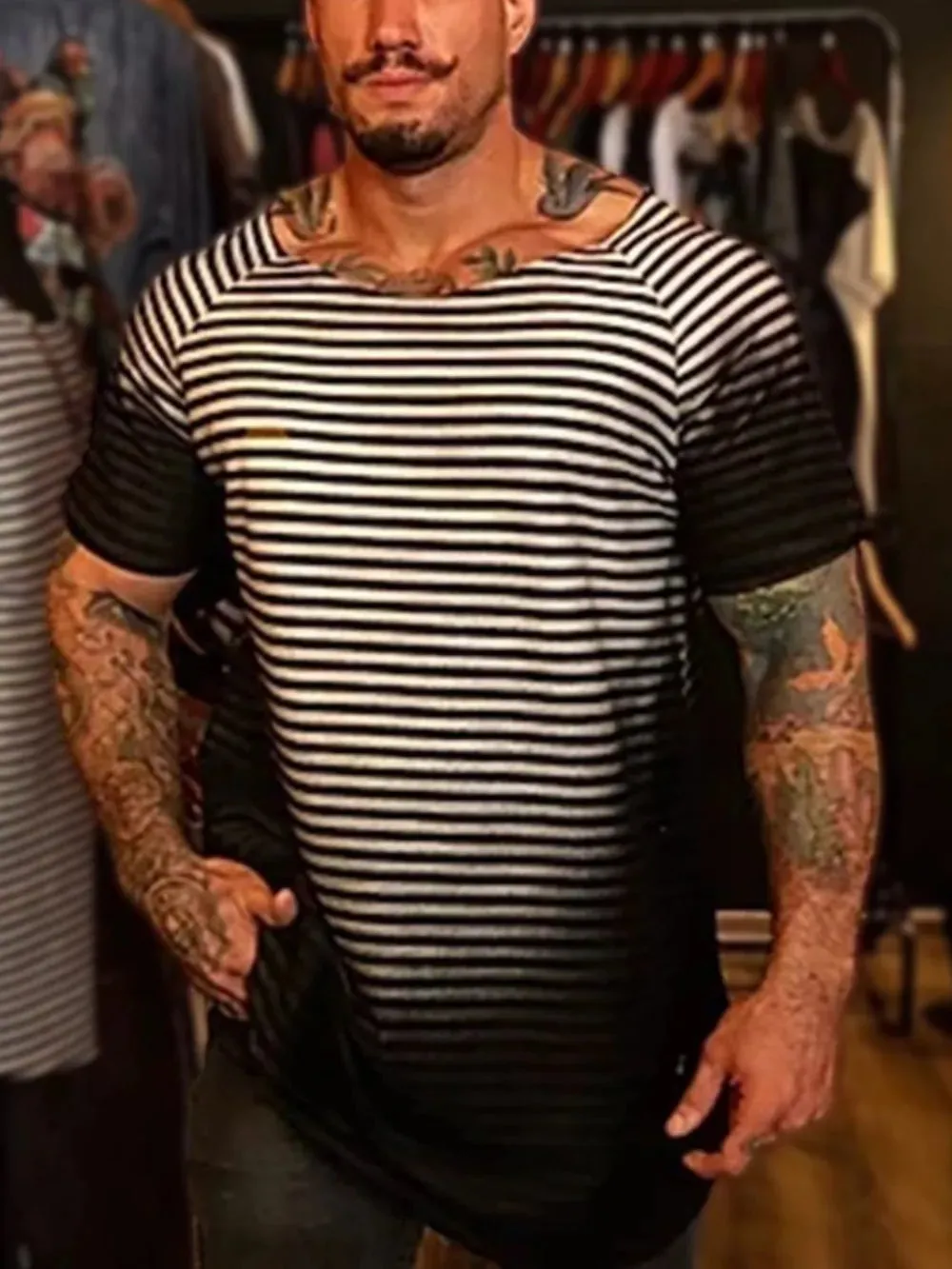 Men's Full Size Round Neck Short Sleeve Striped T-Shirt Plus Size sold by Gigi Laurent