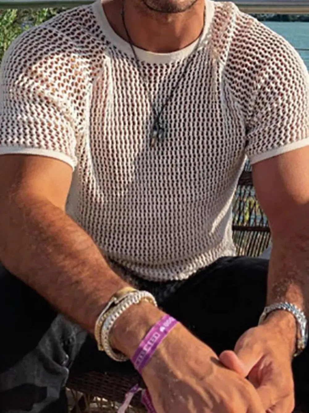 Men's Openwork Round Neck Short Sleeve T-Shirt sold by Gigi Laurent product image thumbnail 2