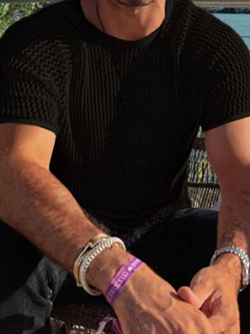 Men's Openwork Round Neck Short Sleeve T-Shirt sold by Gigi Laurent product image thumbnail 4