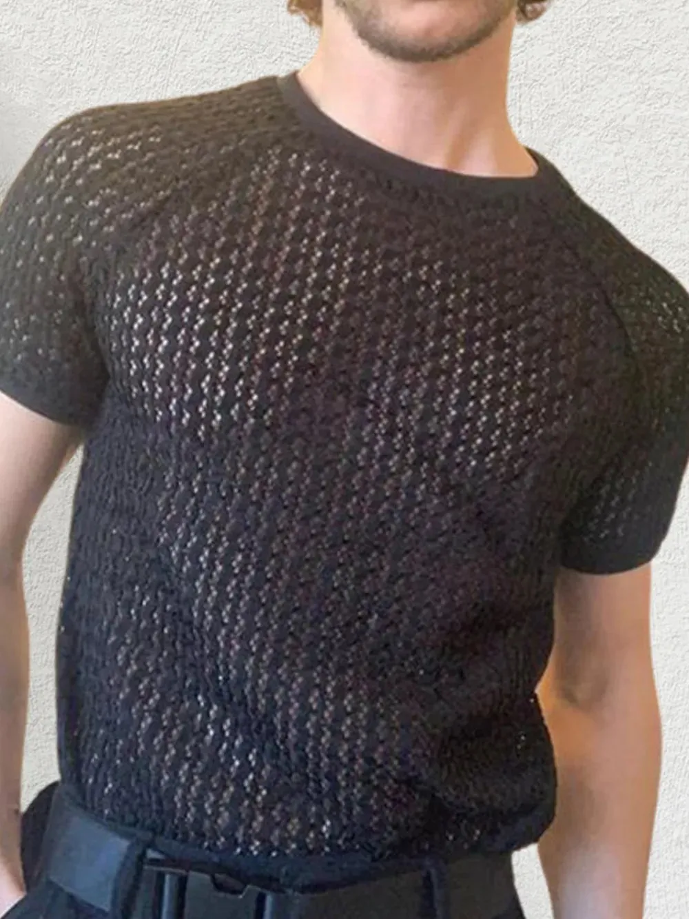 Men's Openwork Round Neck Short Sleeve T-Shirt sold by Gigi Laurent product image thumbnail 5