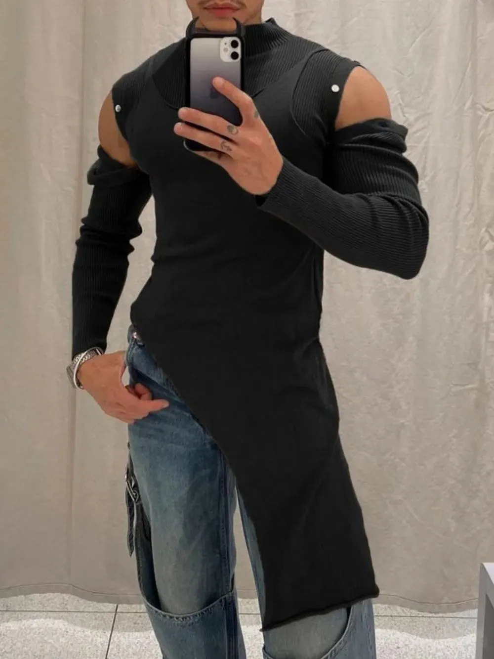 Men's Asymmetrical Mock Neck Cold Shoulder Top sold by Gigi Laurent