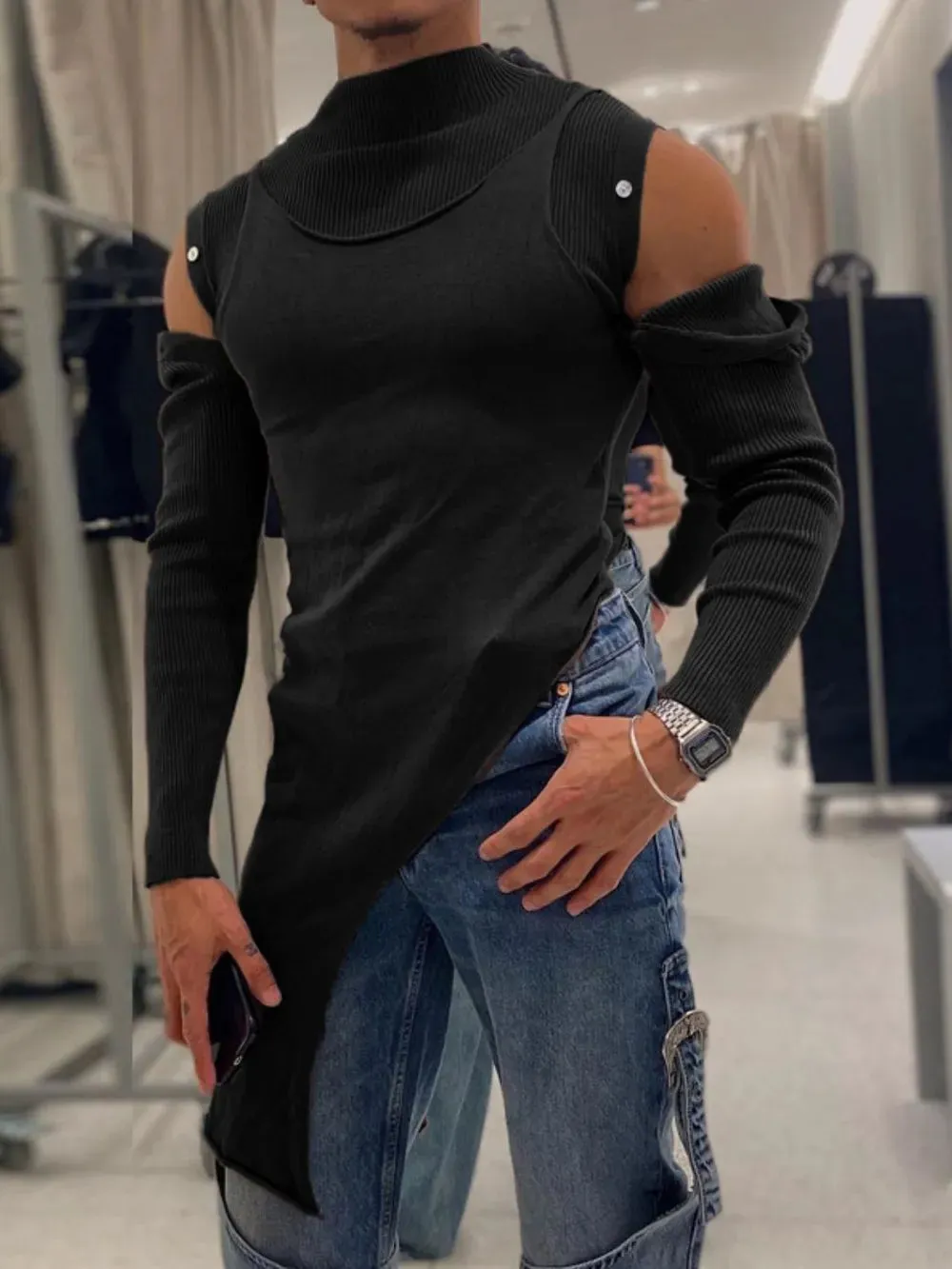 Men's Asymmetrical Mock Neck Cold Shoulder Top sold by Gigi Laurent product image thumbnail 3
