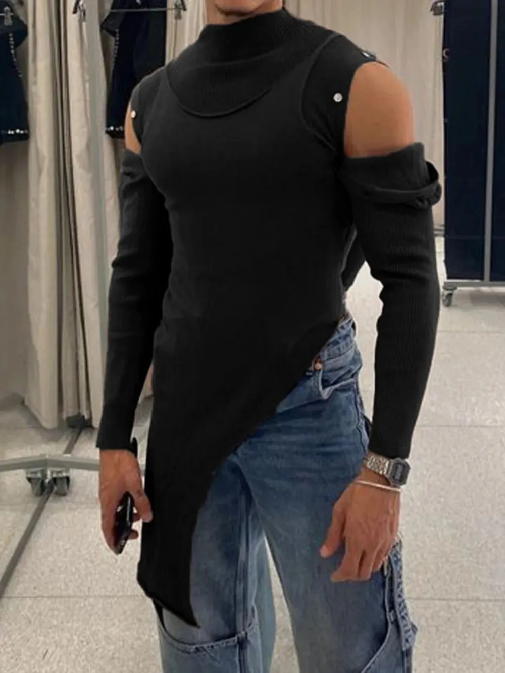 Men's Asymmetrical Mock Neck Cold Shoulder Top sold by Gigi Laurent product image thumbnail 2