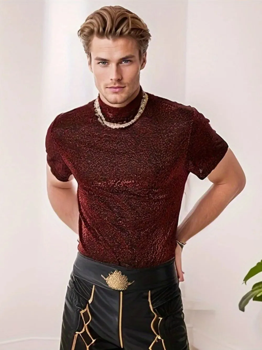 Men's Full Size Glitter Mock Neck Short Sleeve Top Plus Size sold by Gigi Laurent