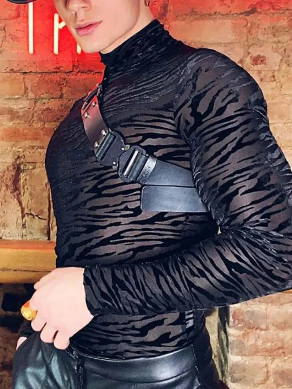 Men's Zebra Print Mock Neck Long Sleeve Mesh Top sold by Gigi Laurent