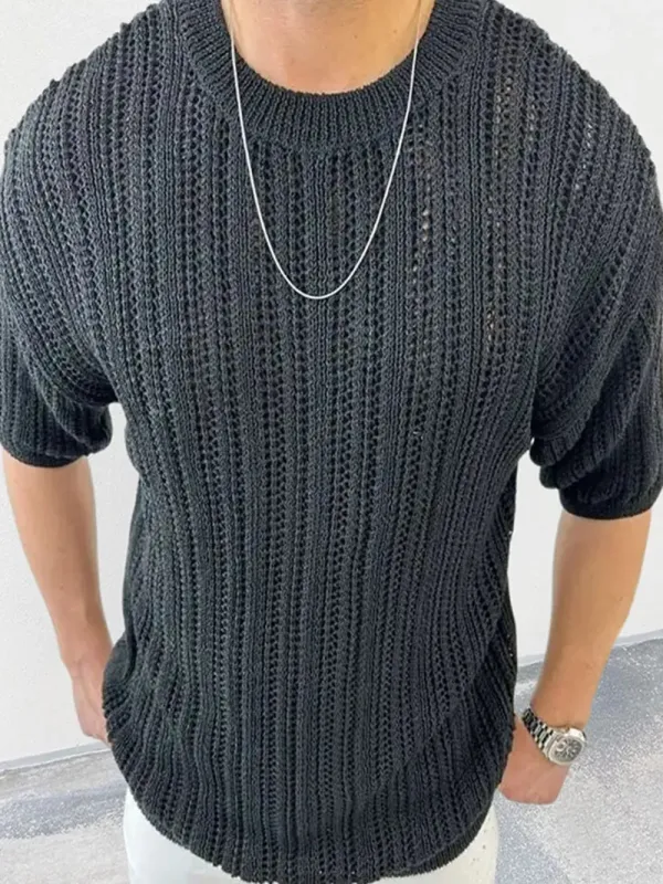 Men's Openwork Round Neck Knit T-Shirt sold by Gigi Laurent