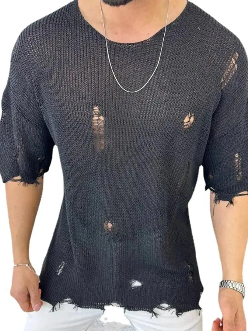 Men's Distressed Round Neck Knit Top sold by Gigi Laurent product image thumbnail 3
