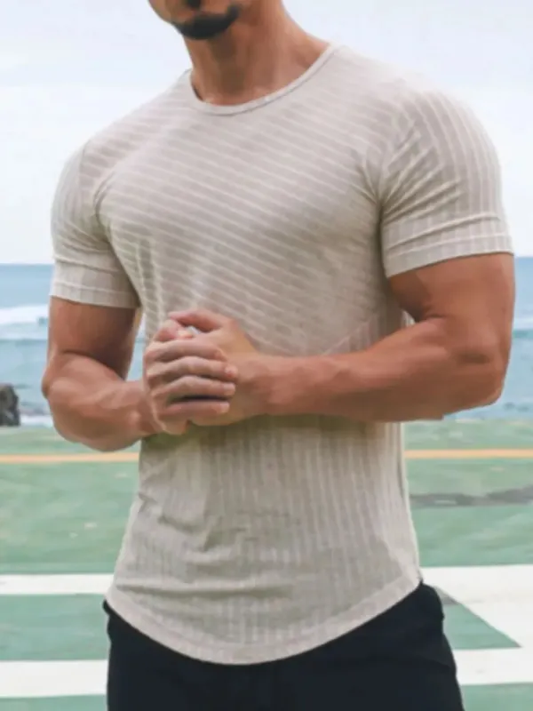 Men's Round Neck Short Sleeve Striped T-Shirt sold by Gigi Laurent