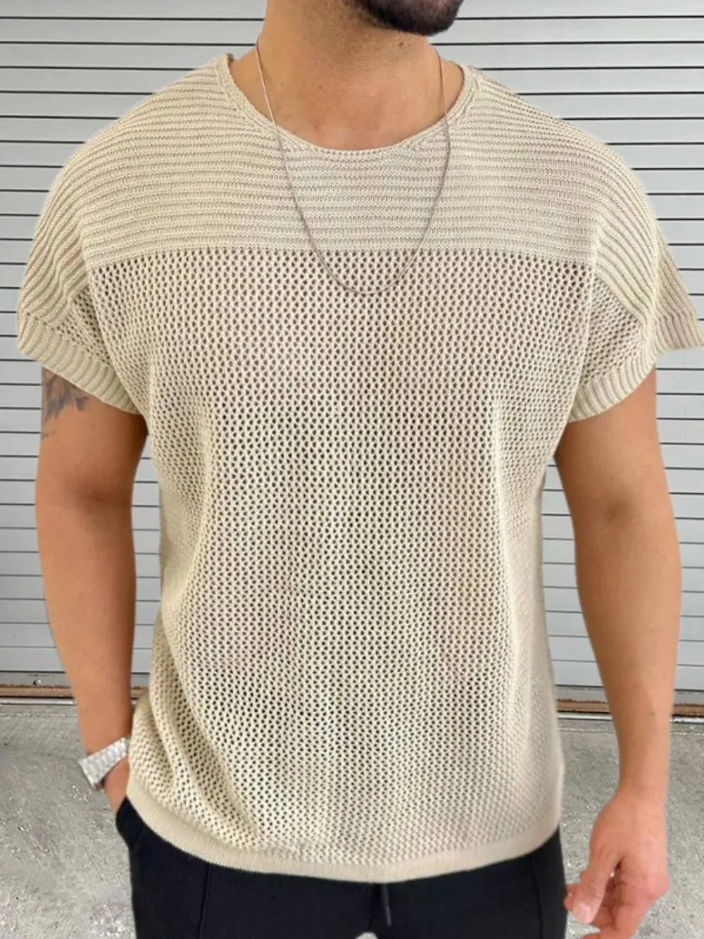 Men's Eyelet Round Neck Short Sleeve T-Shirt sold by Gigi Laurent product image thumbnail 2