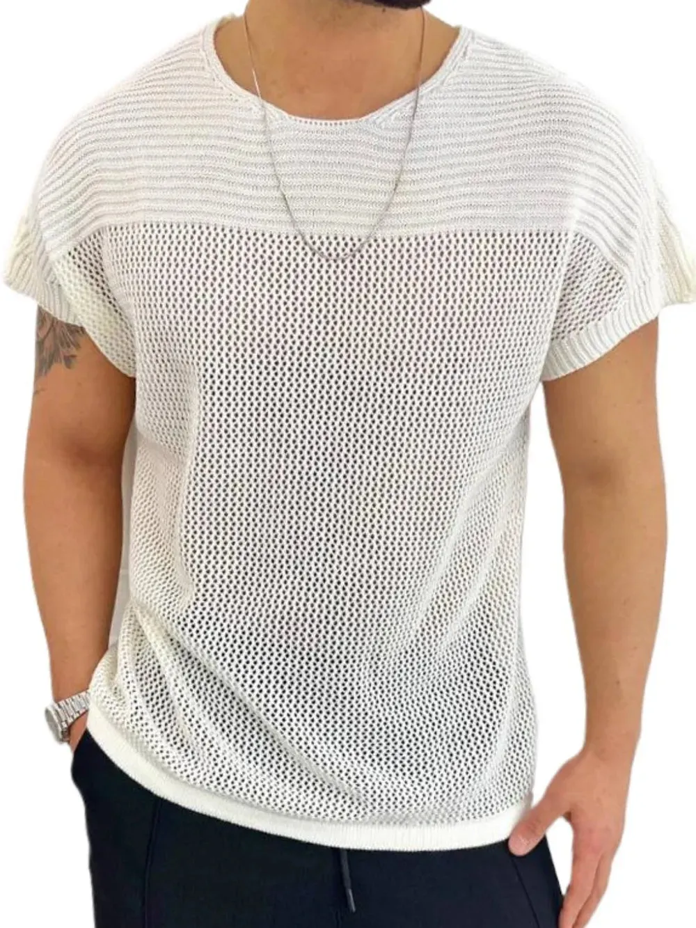 Men's Eyelet Round Neck Short Sleeve T-Shirt sold by Gigi Laurent product image thumbnail 5