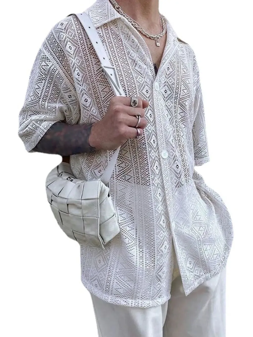 Men's Full Size Lace Half Sleeve Button Down Shirt Plus Size sold by Gigi Laurent product image thumbnail 5