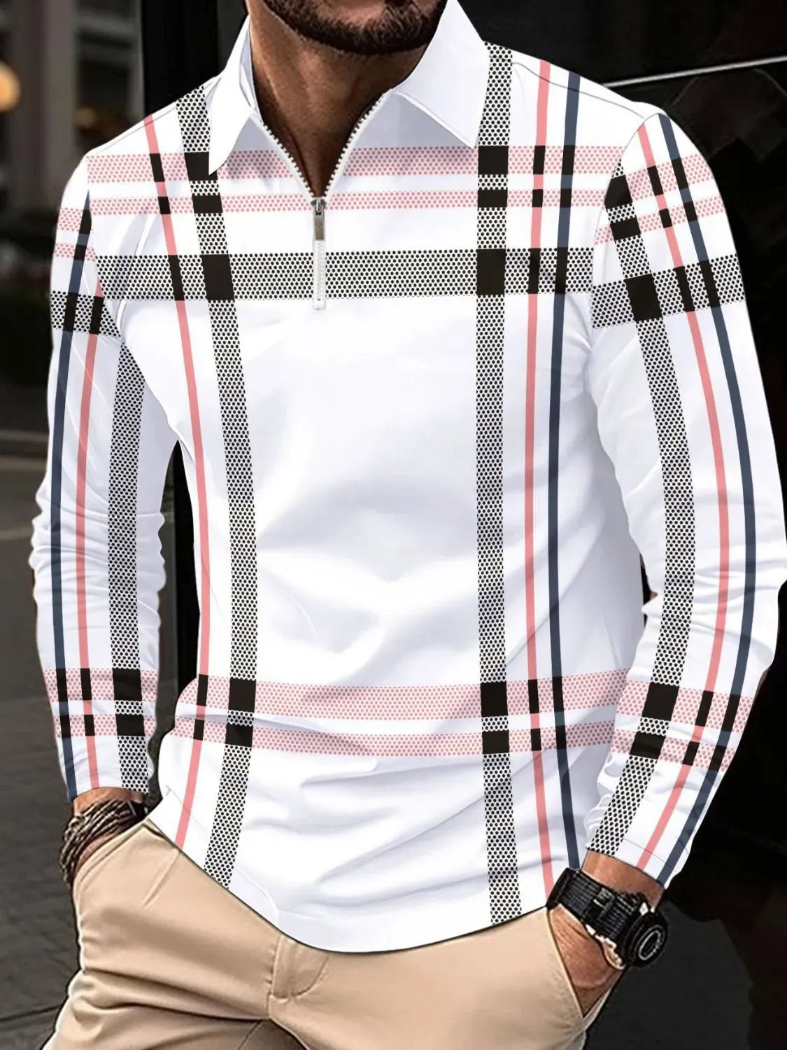 Men's Full Size Plaid Zip Collar Long Sleeve Polo Plus Size sold by Gigi Laurent