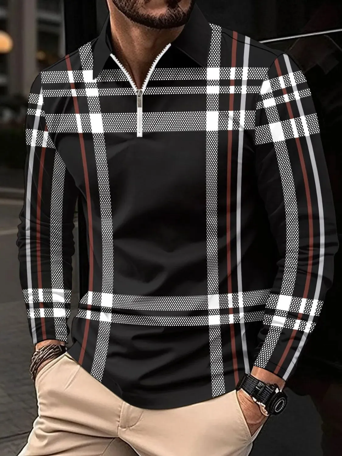 Men's Full Size Plaid Zip Collar Long Sleeve Polo Plus Size sold by Gigi Laurent product image thumbnail 4