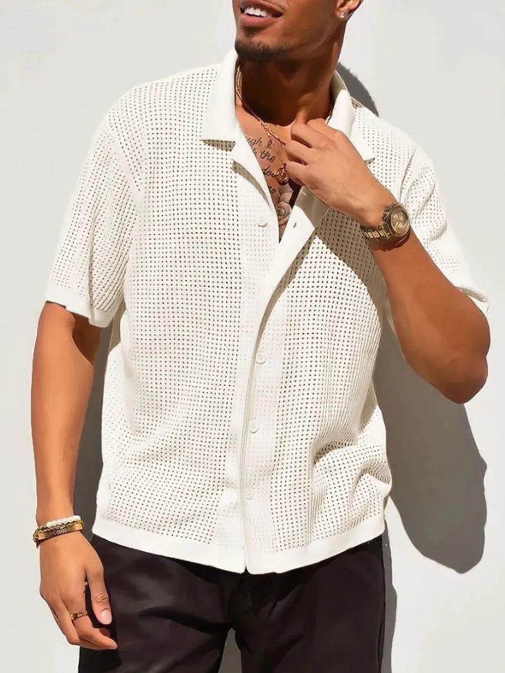 Men's Full Size Openwork Button Down Collared Neck Shirt Plus Size sold by Gigi Laurent product image thumbnail 3