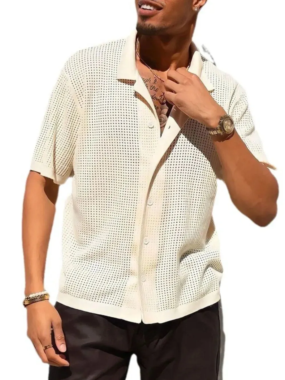 Men's Full Size Openwork Button Down Collared Neck Shirt Plus Size sold by Gigi Laurent product image thumbnail 2