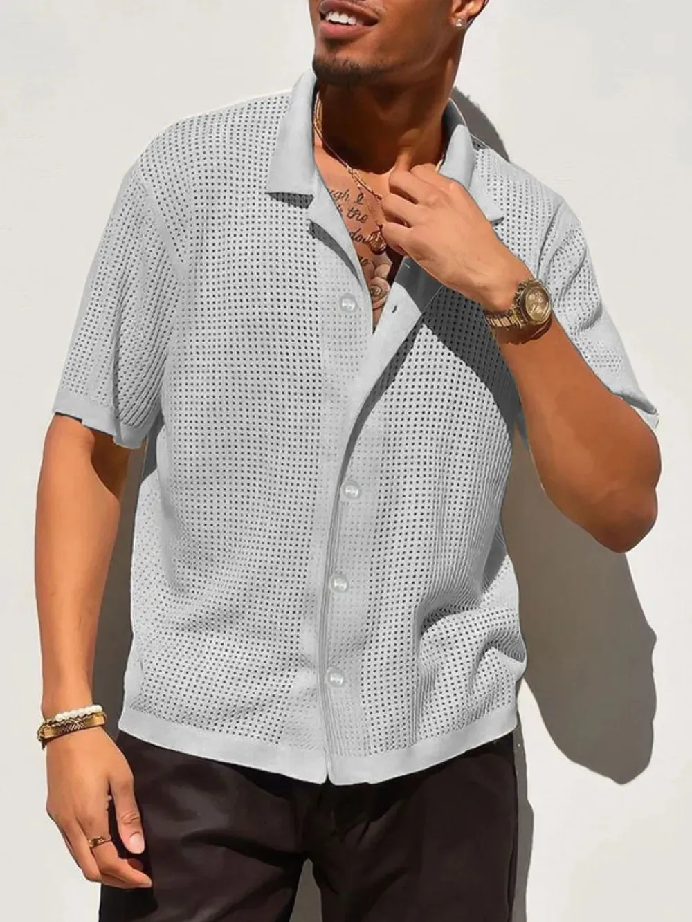 Men's Full Size Openwork Button Down Collared Neck Shirt Plus Size sold by Gigi Laurent product image thumbnail 5