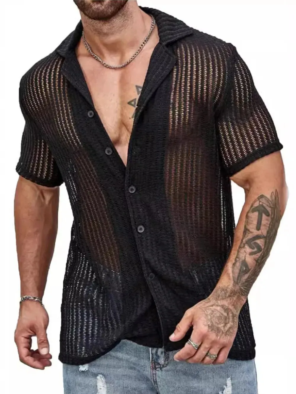Men's Full Size Openwork Button Down Short Sleeve Shirt Plus Size sold by Gigi Laurent product image thumbnail 3