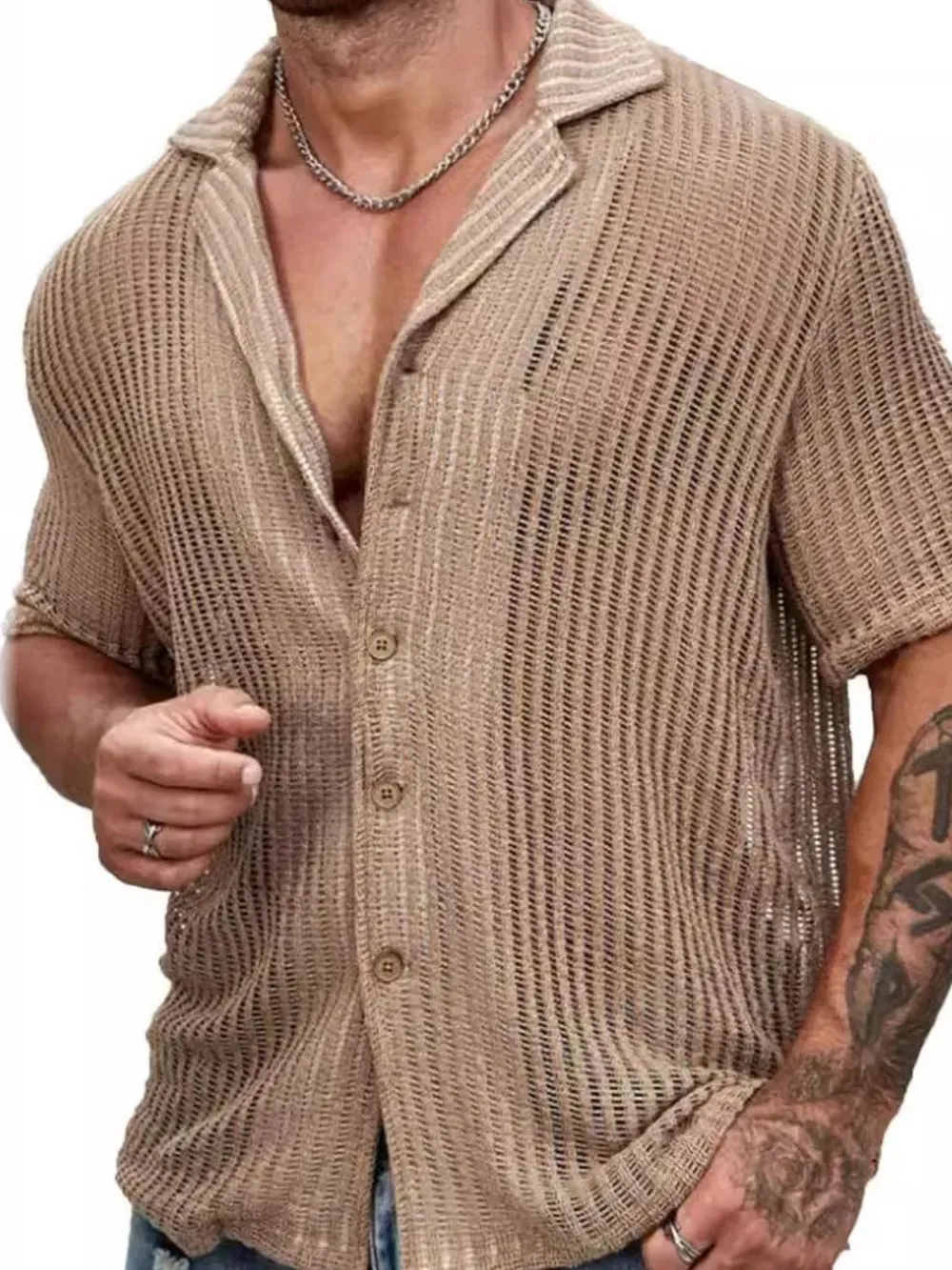 Men's Full Size Openwork Button Down Short Sleeve Shirt Plus Size sold by Gigi Laurent product image thumbnail 2