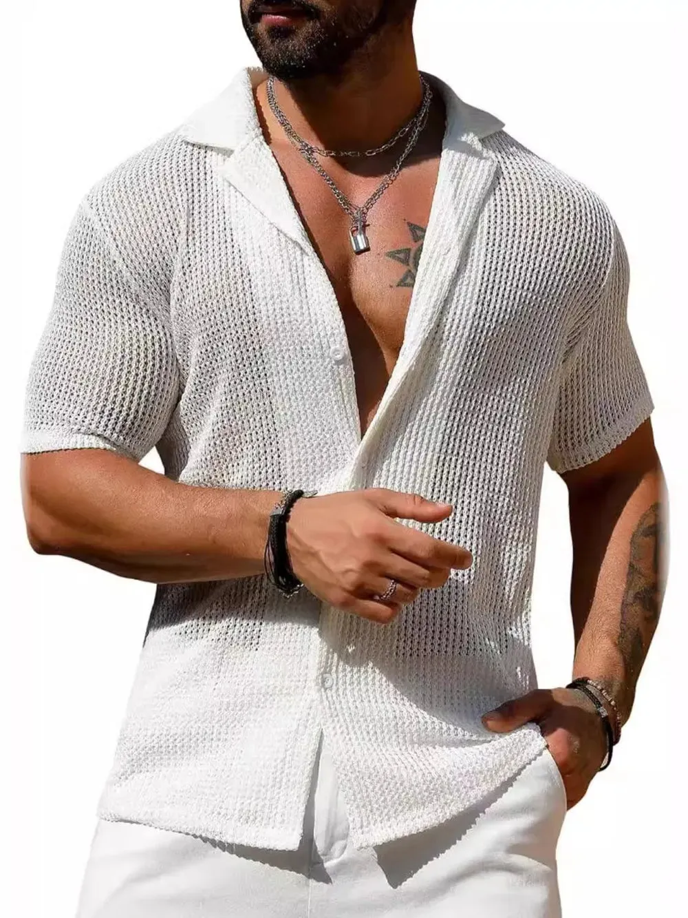 Men's Full Size Openwork Button Down Short Sleeve Shirt Plus Size sold by Gigi Laurent product image thumbnail 5