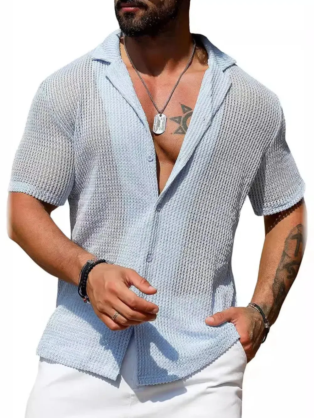 Men's Full Size Openwork Button Down Short Sleeve Shirt Plus Size sold by Gigi Laurent product image thumbnail 4