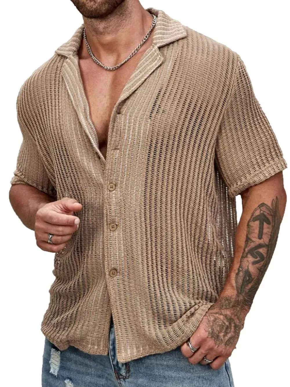 Men's Full Size Openwork Button Down Short Sleeve Shirt Plus Size sold by Gigi Laurent