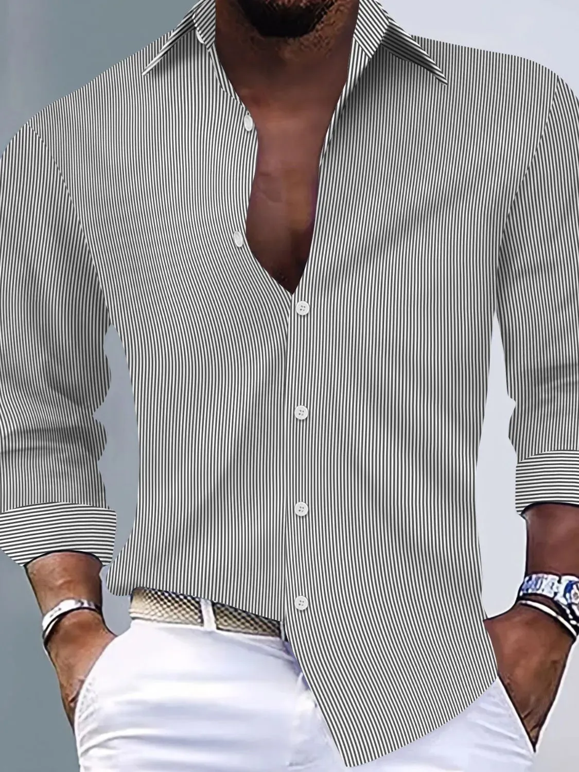 Men's Full Size Striped Button Up Long Sleeve Shirt Plus Size sold by Gigi Laurent product image thumbnail 2