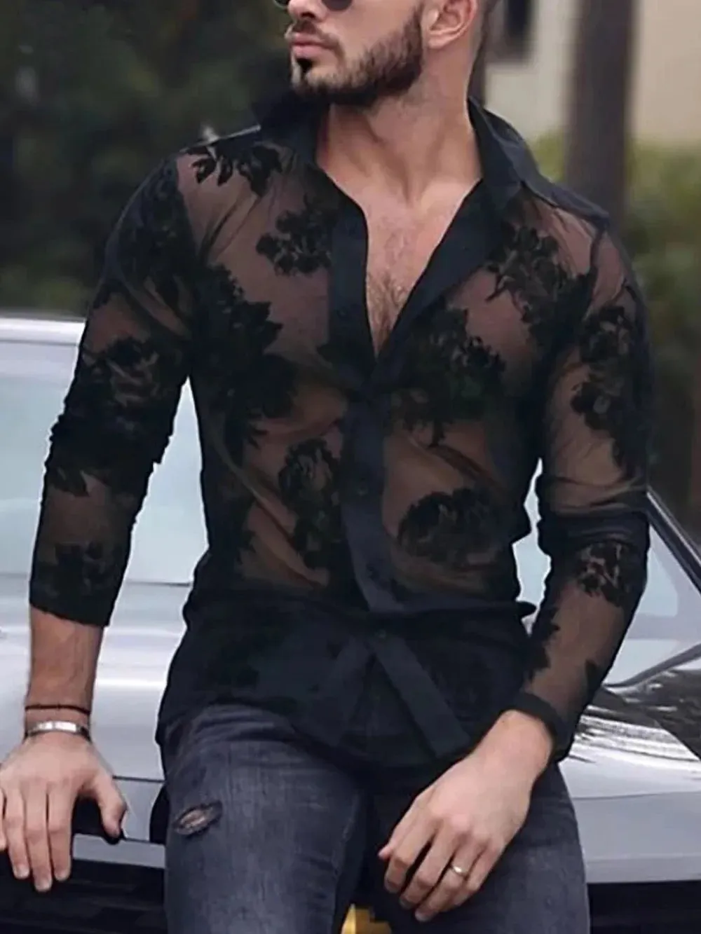 Men's Lace Button Down Long Sleeve Shirt sold by Gigi Laurent