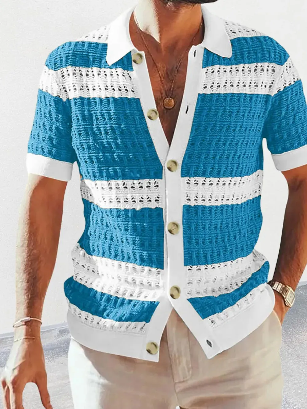 Men's Button Down Collared Neck Contrast Openwork Shirt sold by Gigi Laurent product image thumbnail 3