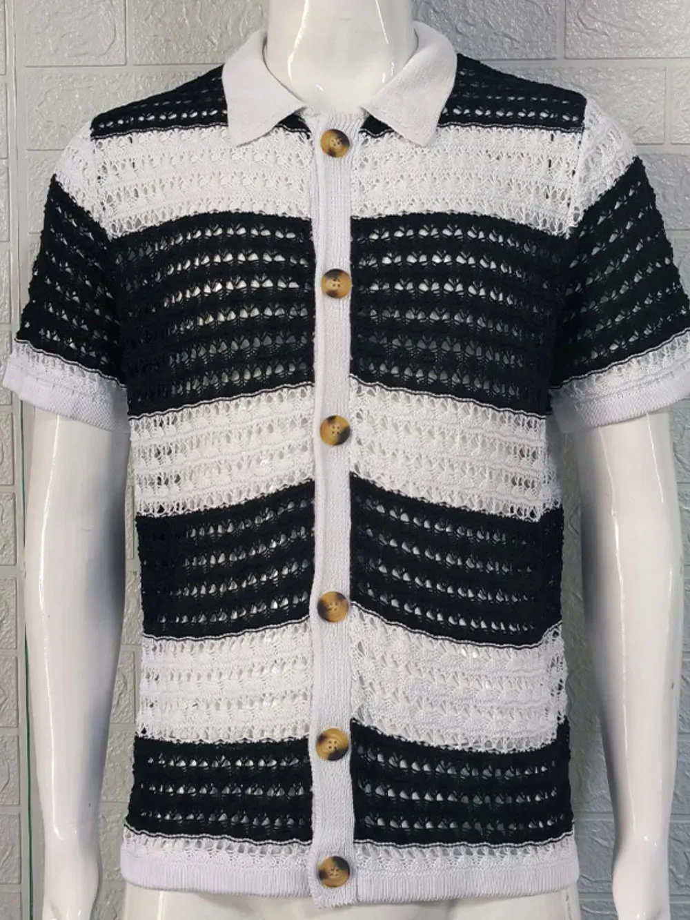 Men's Button Down Collared Neck Contrast Openwork Shirt sold by Gigi Laurent product image thumbnail 2